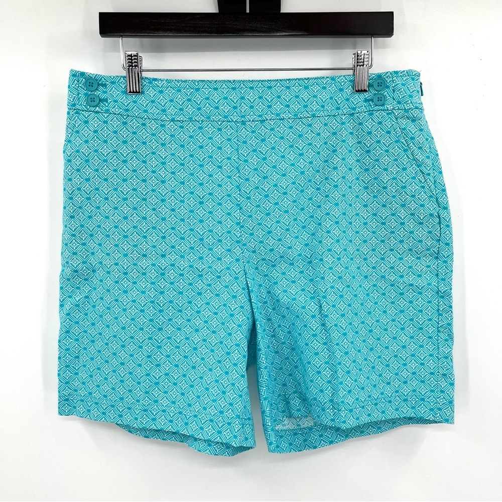 TALBOTS Turquoise Print Shorts Linen Cotton 12 Side Zip Flat Front Pockets Women